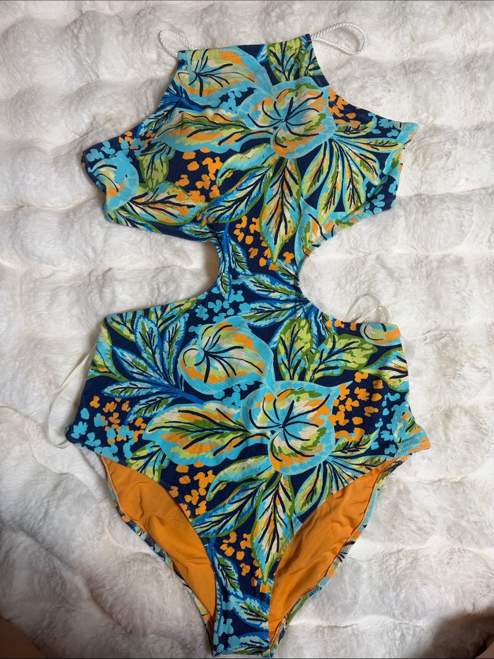 Womans Floral Cutout One-Piece Swimsuit in Navy & Teal